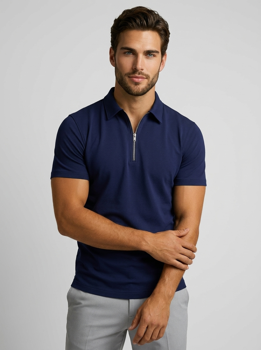 Men's white slim fit zip polo shirt with stand-up collar