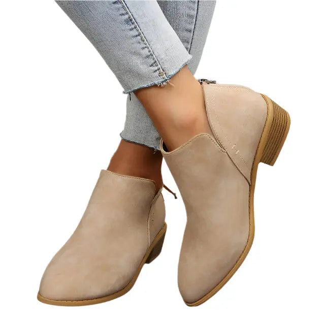 Women's brown low block heel ankle boots with pointed toe