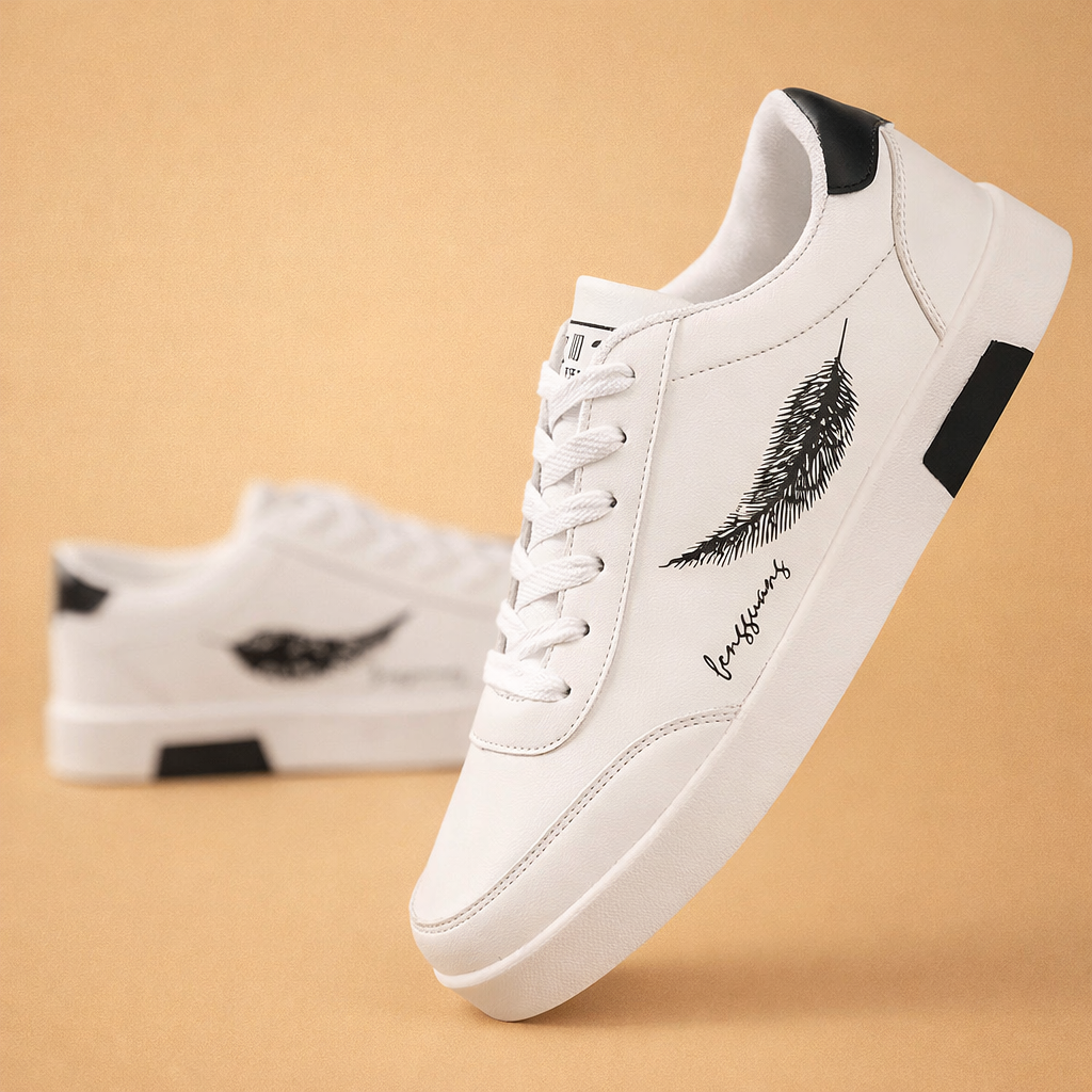 Men's white and black classic low-top sneakers with leather look upper