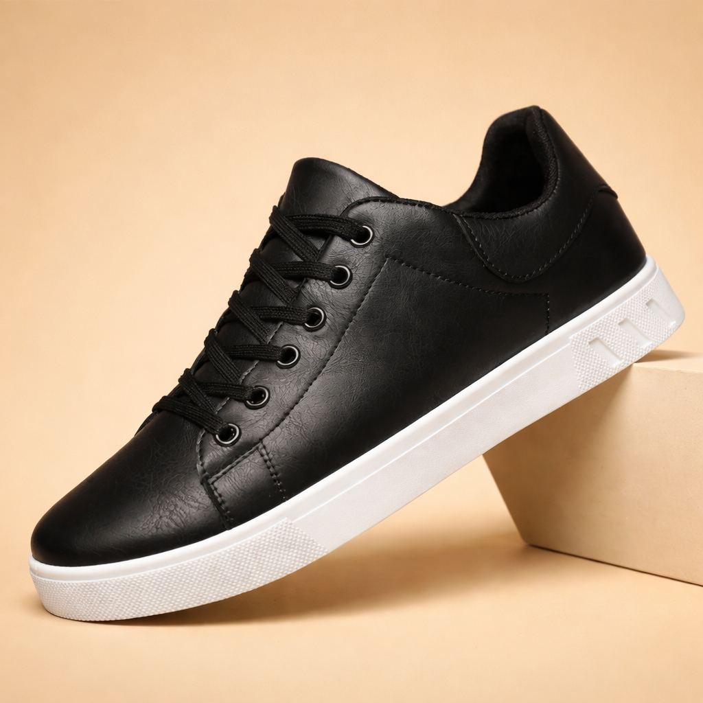 Men's white and black classic low-top sneakers with leather look upper