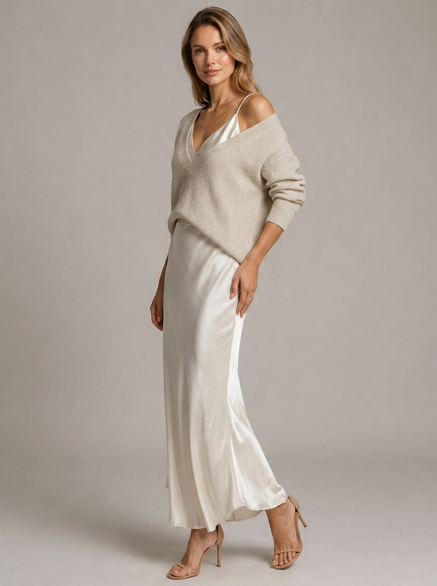 Women's white satin maxi dress with matching knit jumper set