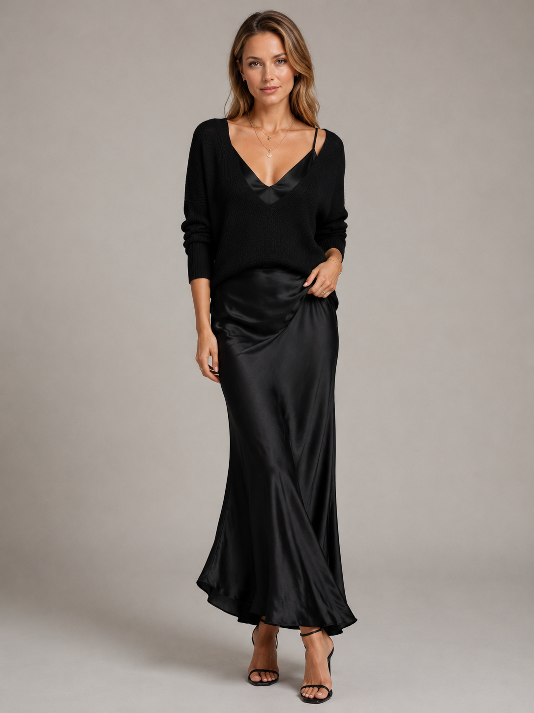 Women's white satin maxi dress with matching knit jumper set