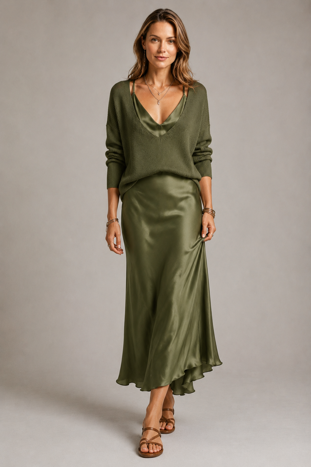 Women's white satin maxi dress with matching knit jumper set