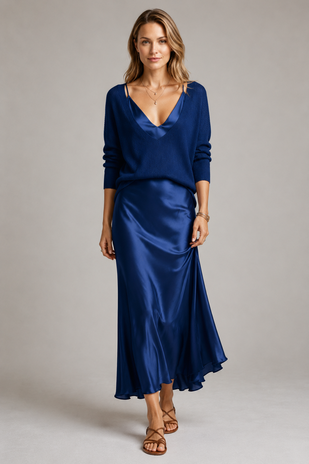 Women's black satin maxi dress with matching knit jumper set