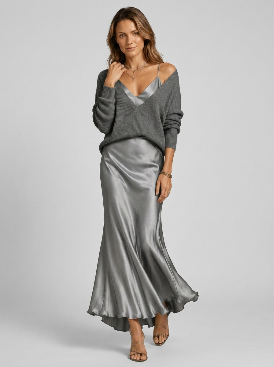 Women's black satin maxi dress with matching knit jumper set