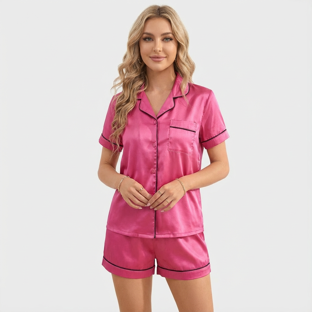 Women's green satin pyjama set with glossy top and matching bottoms