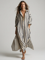 Women's blue striped maxi shirt dress with v-neck