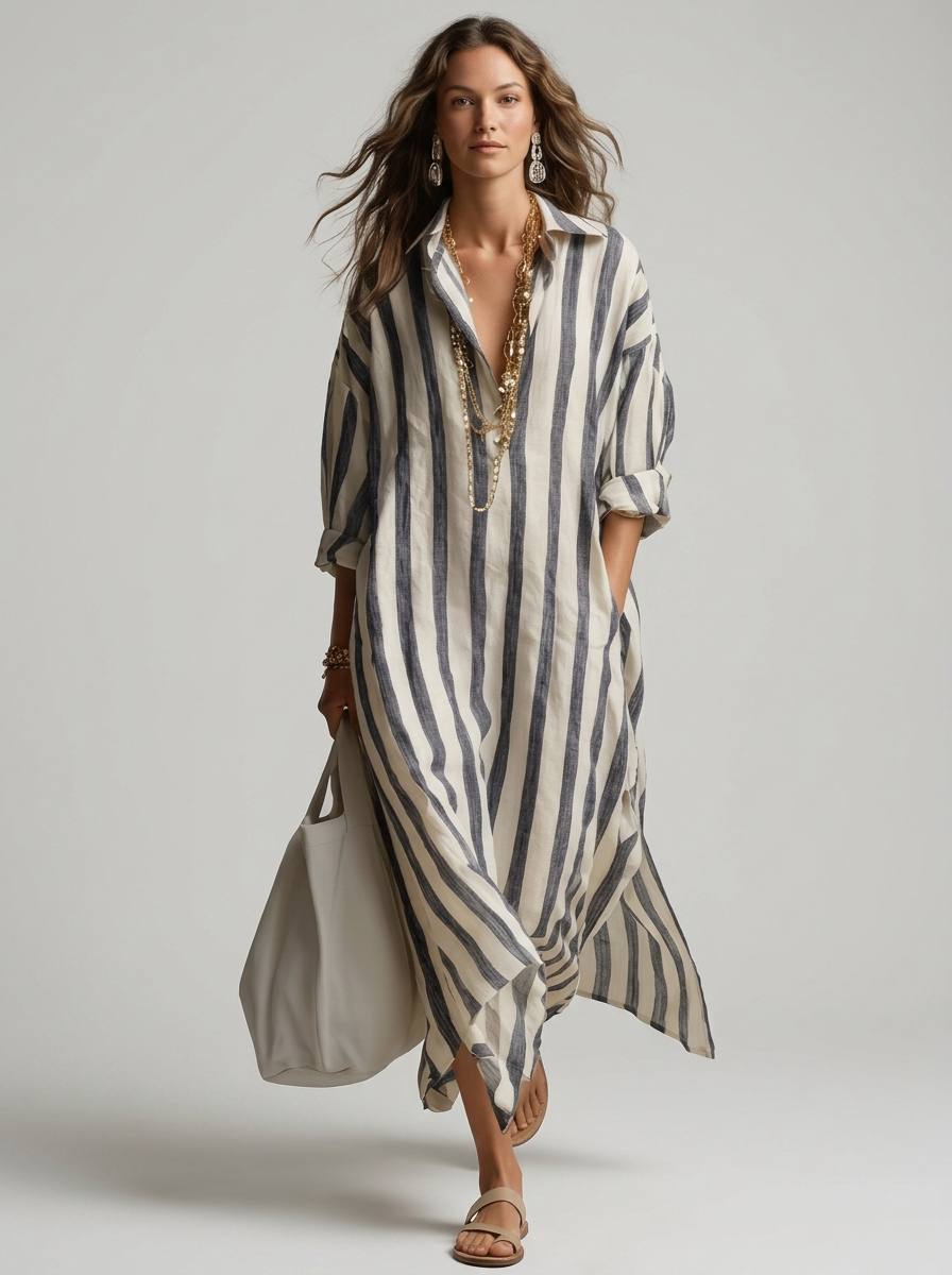 Women's blue striped maxi shirt dress with v-neck