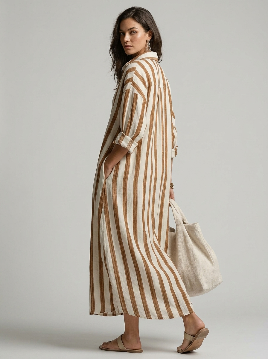 Women's blue striped maxi shirt dress with v-neck
