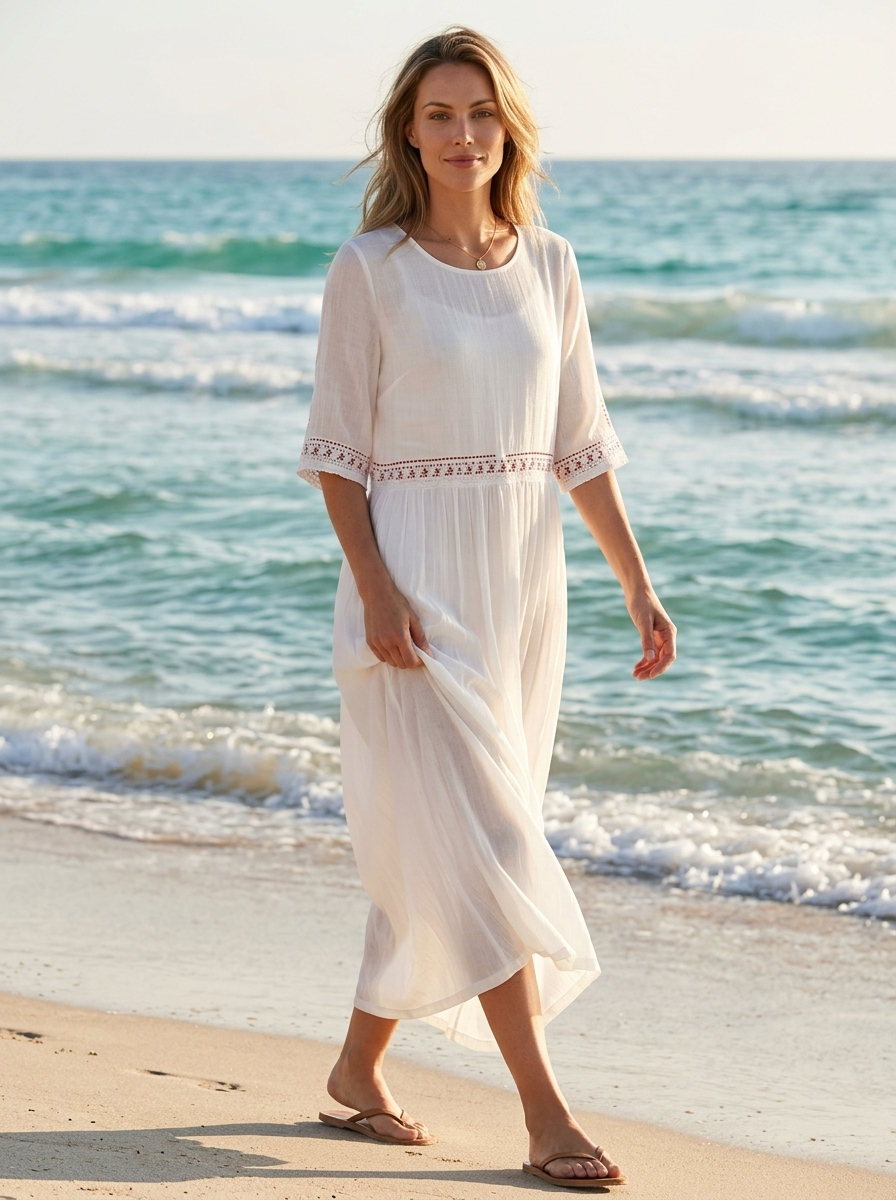 Women's white cotton midi dress with relaxed lightweight fit