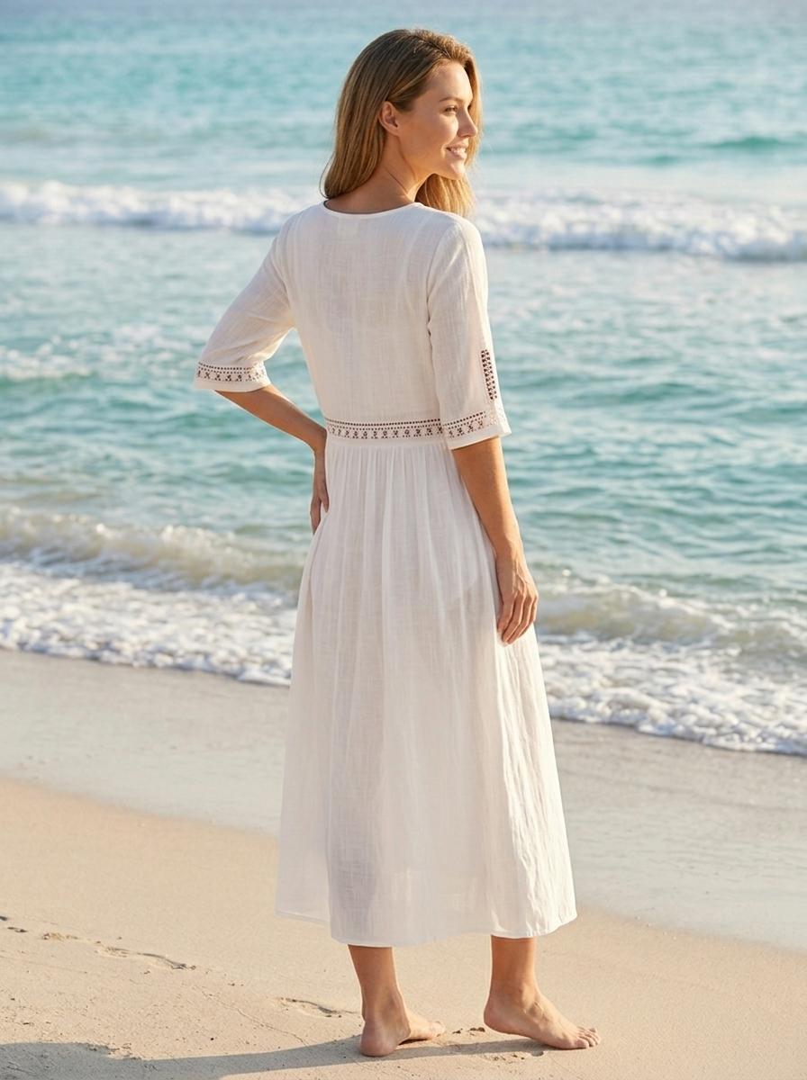 Women's white cotton midi dress with relaxed lightweight fit