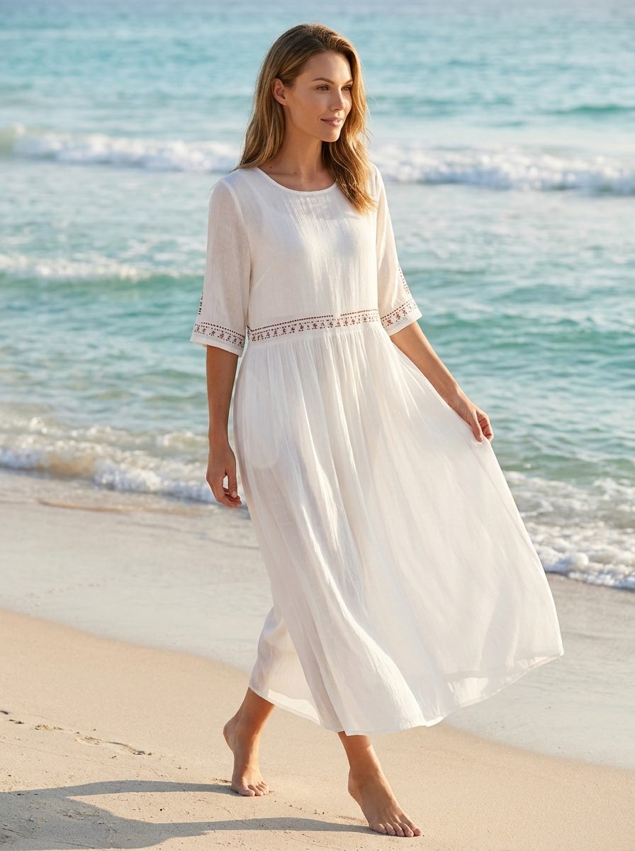 Women's white cotton midi dress with relaxed lightweight fit