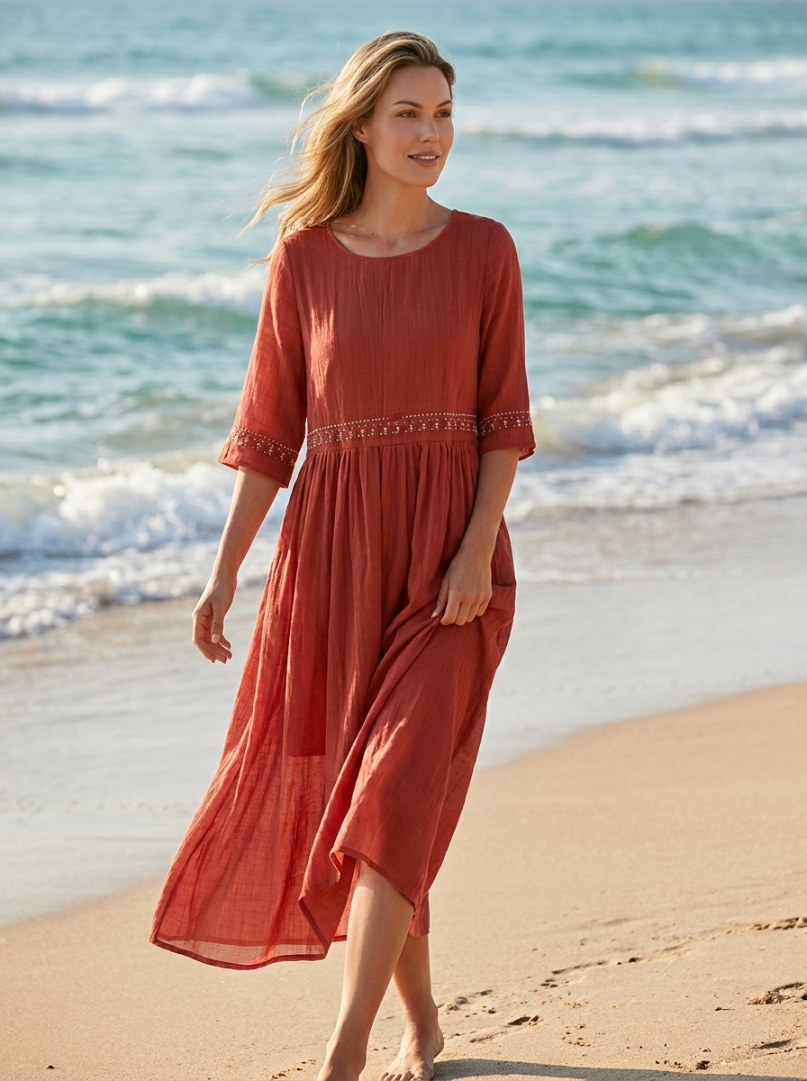 Women's red cotton midi dress with relaxed lightweight fit