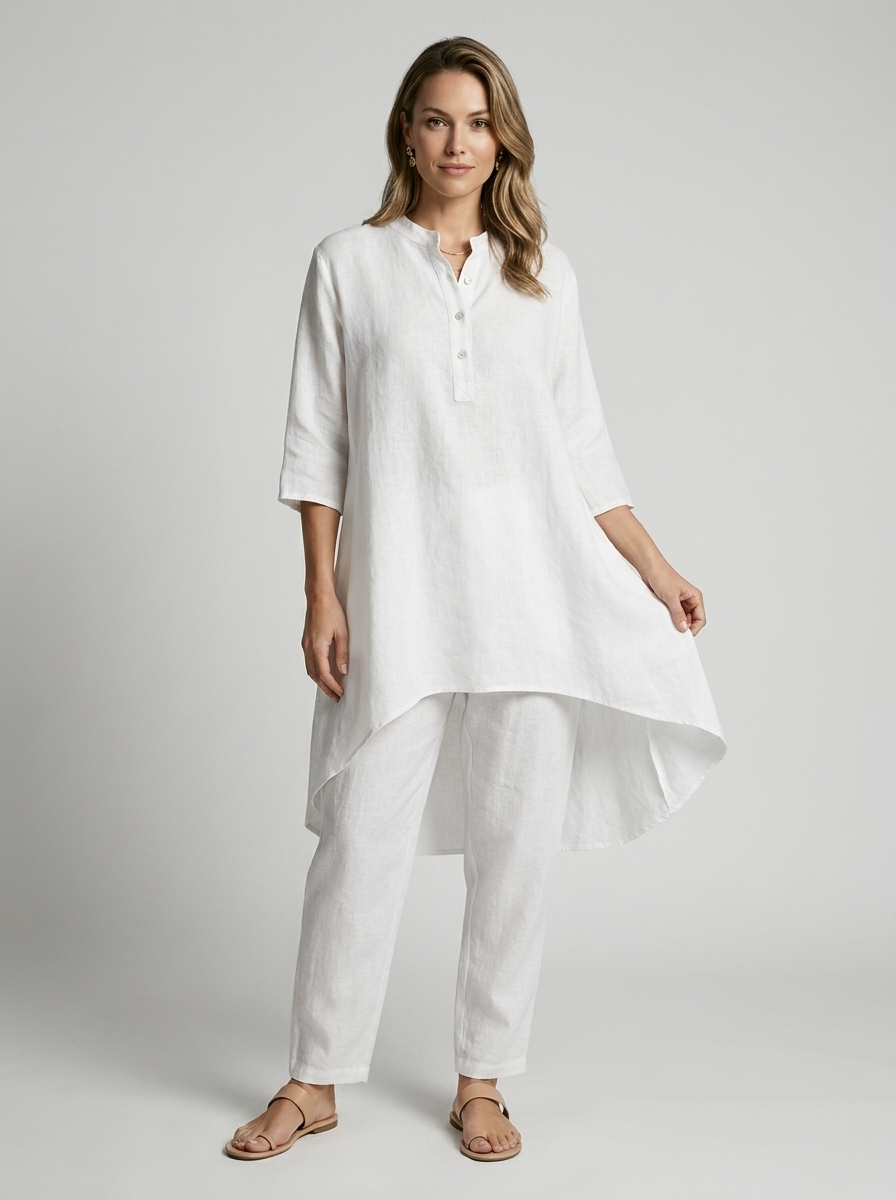 Women's white tunic and pants two piece set with loose fit