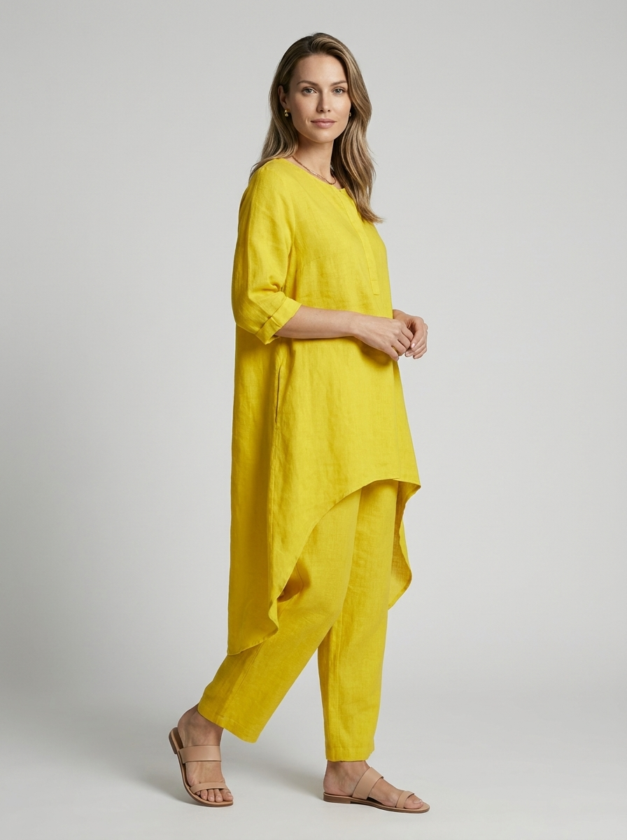 Women's white tunic and pants two piece set with loose fit