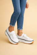 Women's white knit platform sneakers with lace-up front