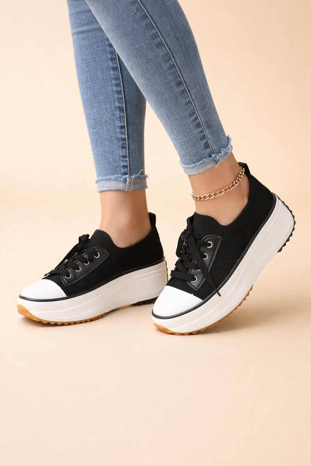 Women's white knit platform sneakers with lace-up front