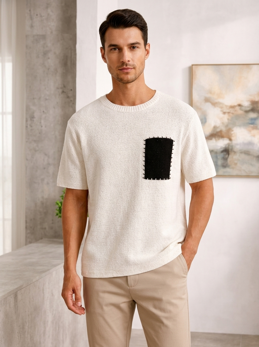 Men's white textured cotton t-shirt with contrast chest pocket