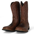 Men's brown western cowboy boots with stitched shaft and block heel