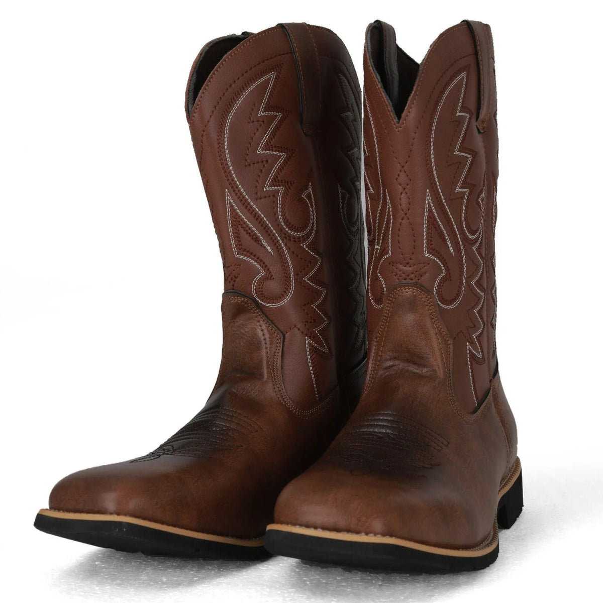 Men's brown western cowboy boots with stitched shaft and block heel