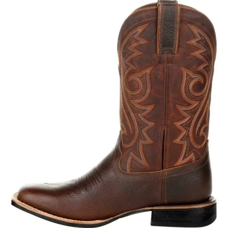 Men's brown western cowboy boots with stitched shaft and block heel