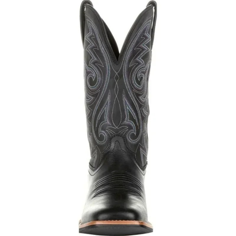 Men's brown western cowboy boots with stitched shaft and block heel