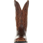 Men's brown western cowboy boots with stitched shaft and block heel