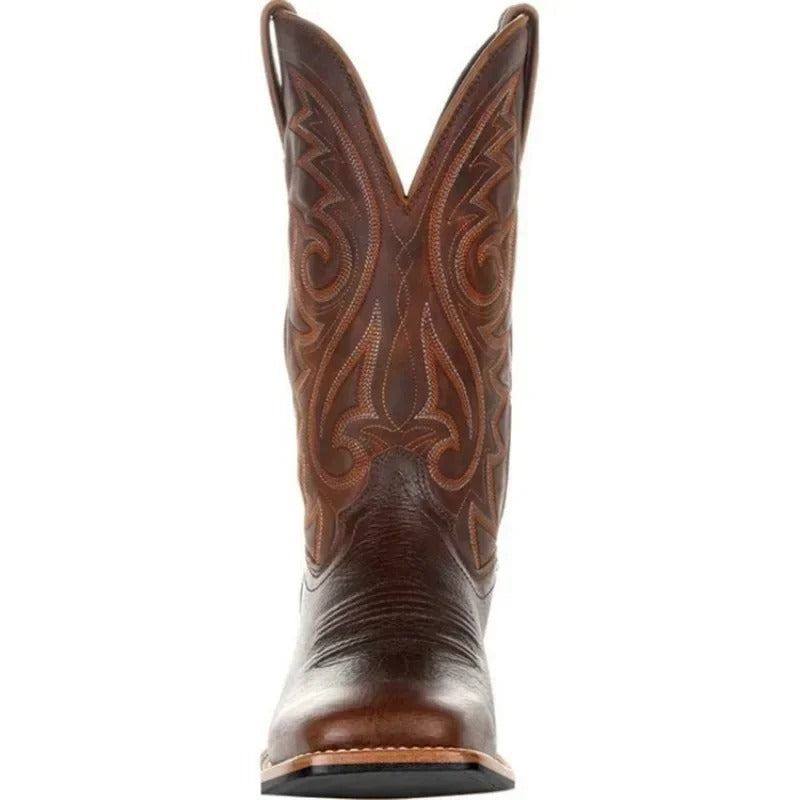 Men's brown western cowboy boots with stitched shaft and block heel