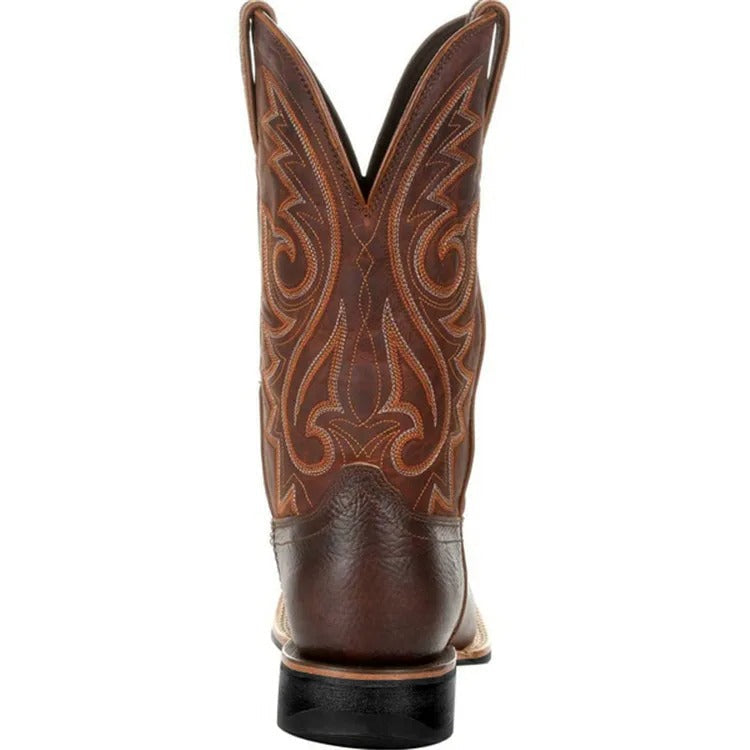 Men's brown western cowboy boots with stitched shaft and block heel