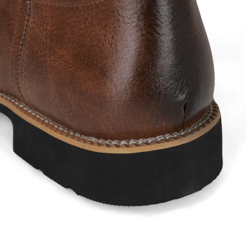 Men's brown western cowboy boots with stitched shaft and block heel