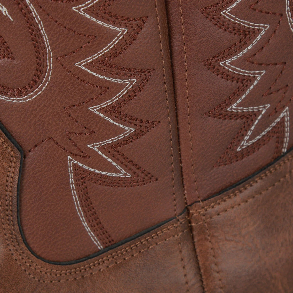 Men's brown western cowboy boots with stitched shaft and block heel
