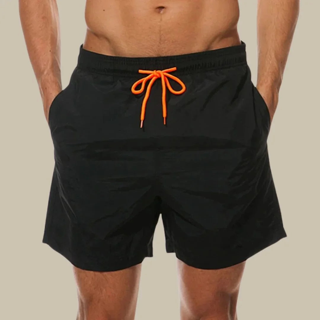 Men's black drawstring swim shorts with pockets