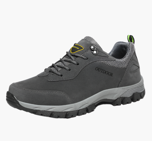 Men's grey waterproof hiking shoes with deep tread grip outsole
