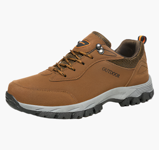 Men's grey waterproof hiking shoes with deep tread grip outsole
