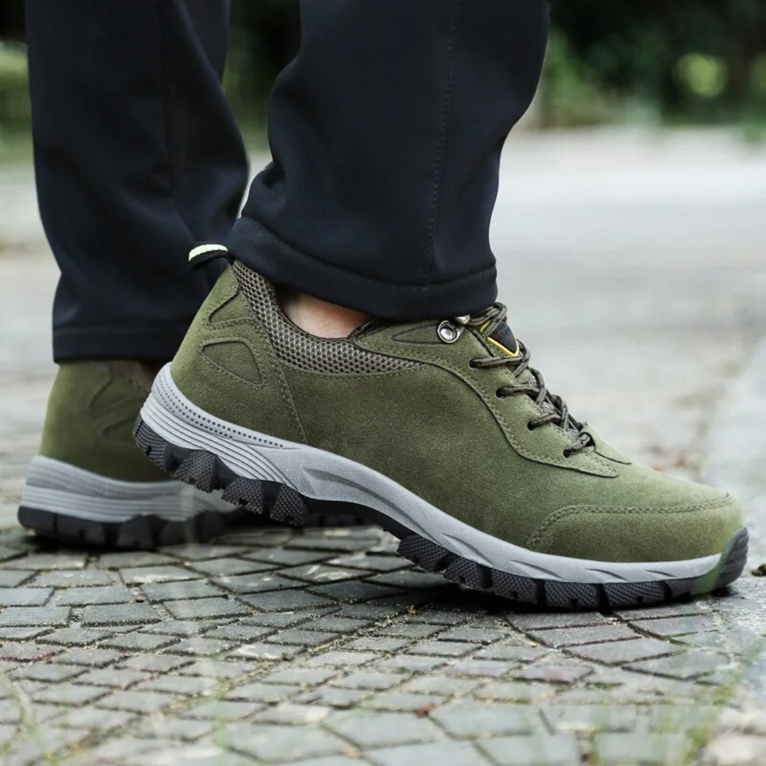 Men's grey waterproof hiking shoes with deep tread grip outsole
