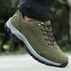 Men's grey waterproof hiking shoes with deep tread grip outsole