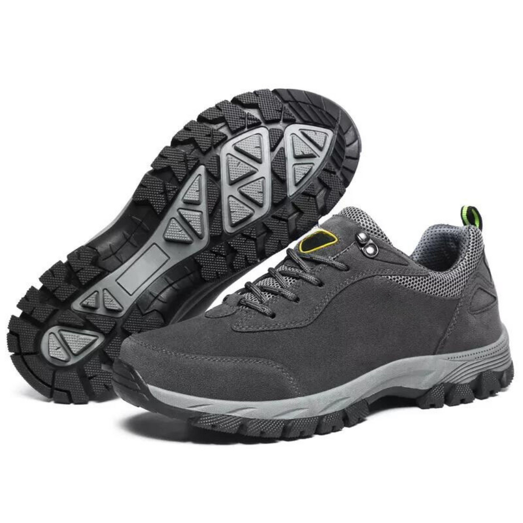 Men's grey waterproof hiking shoes with deep tread grip outsole