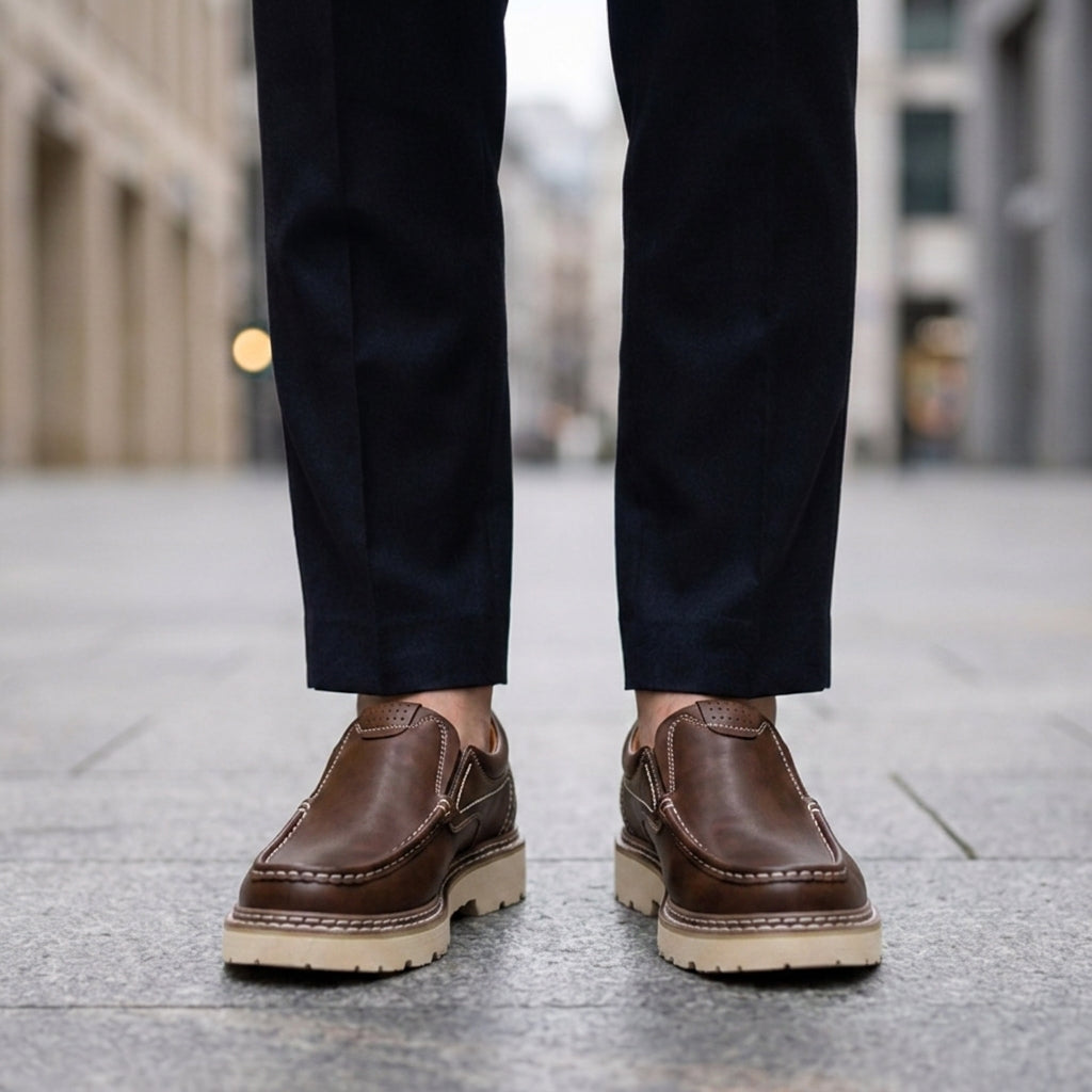 Men's chestnut brown leather look slip-on loafers with moc toe