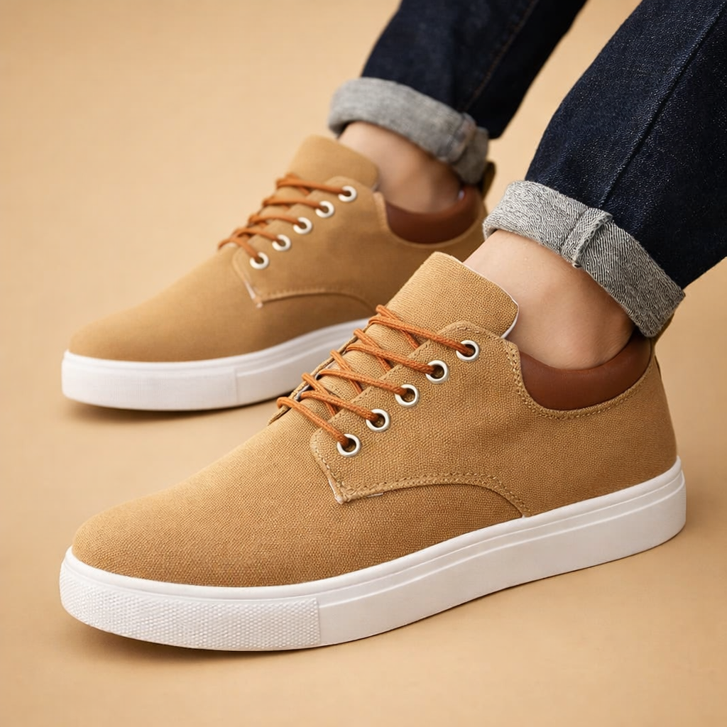 Men's brown canvas sneakers with breathable low-top upper