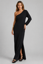 Women's black one-shoulder maxi dress with minimalist silhouette