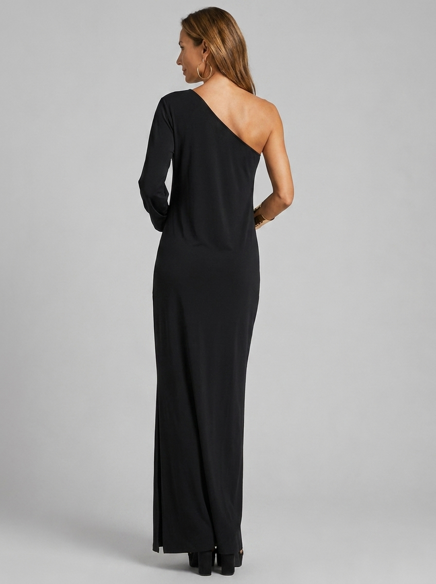 Women's black one-shoulder maxi dress with minimalist silhouette