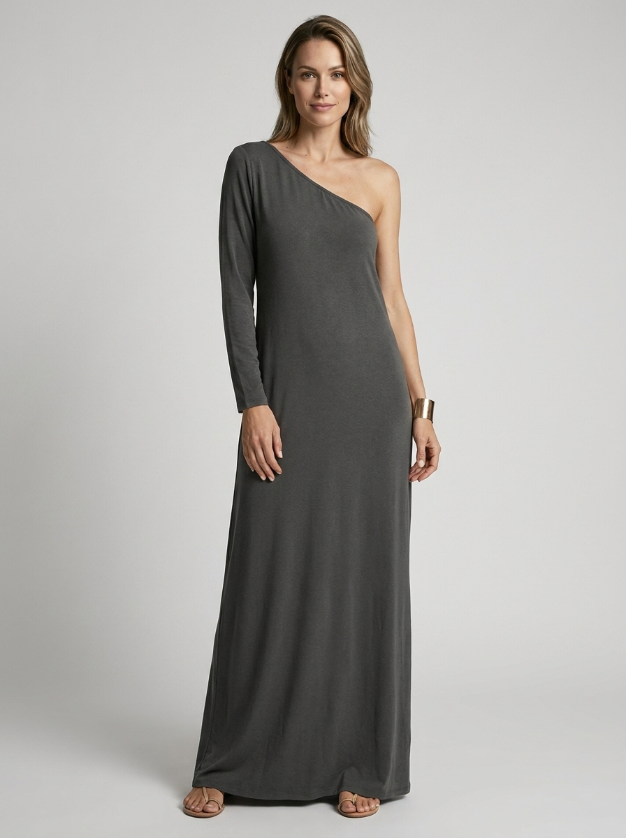 Women's black one-shoulder maxi dress with minimalist silhouette