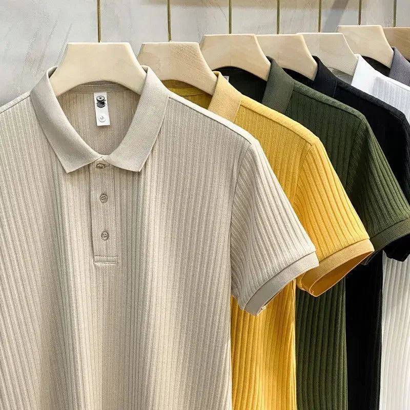 Men's khaki lightweight cotton polo shirt with classic collar