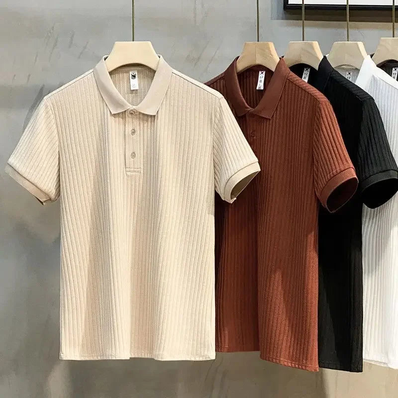 Men's khaki lightweight cotton polo shirt with classic collar