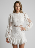 Women's white lace mini dress with puff sleeves