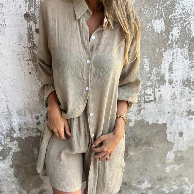 Women's light brown linen two piece set with breathable relaxed fit
