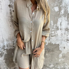 Women's light brown linen two piece set with breathable relaxed fit