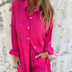 Women's blue linen two piece set with breathable relaxed fit