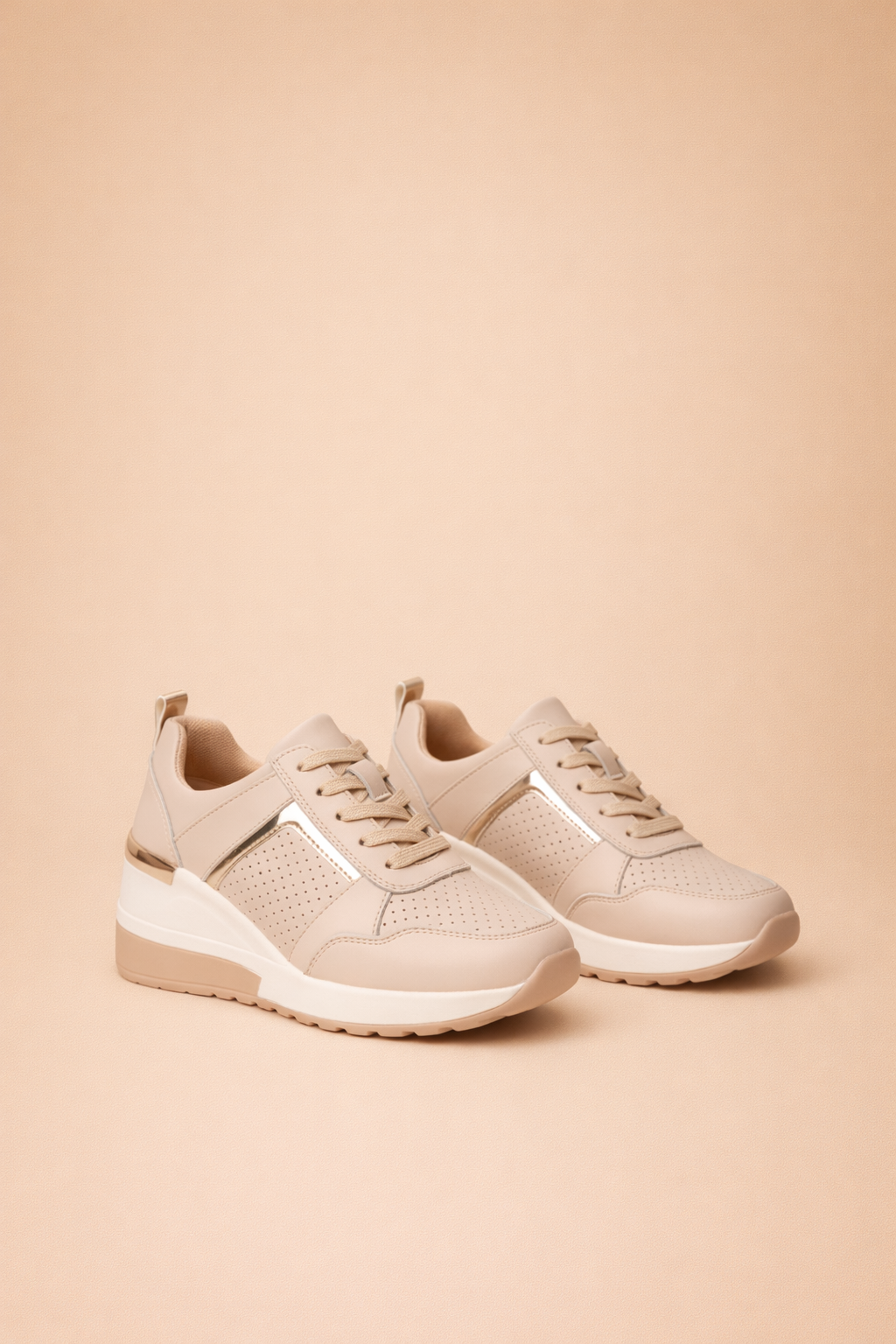 Women's white hidden wedge sneakers with perforated lace-up upper