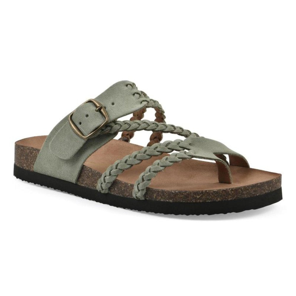 Women's green braided strap sandals with contoured cork footbed